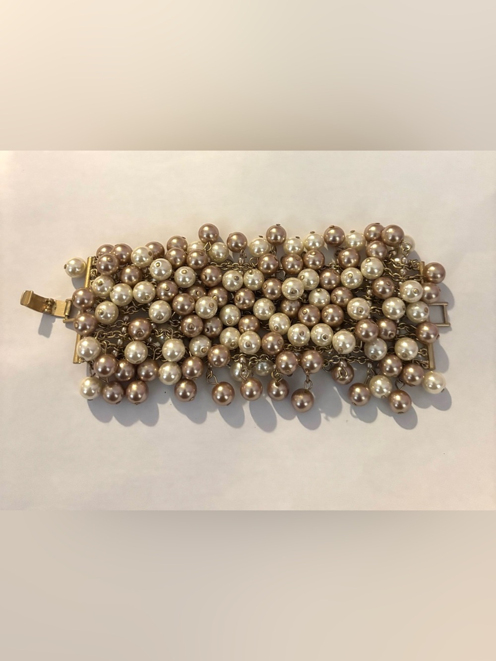 Vintage Multi-Strand Pearl Cluster Bracelet - Cream & Champagne on Gold